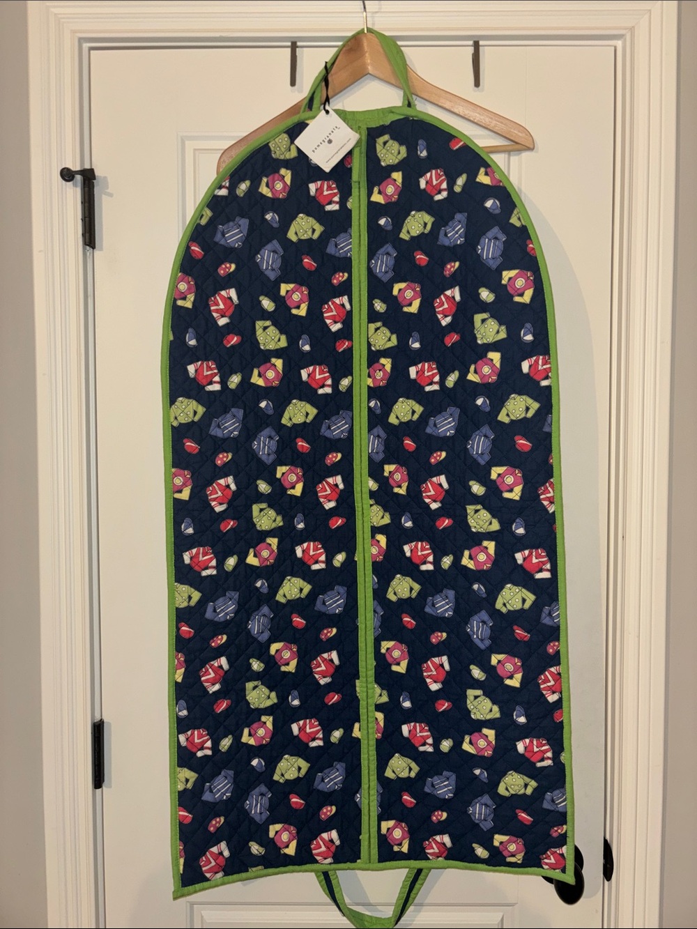 Quilted Navy Floral Garment Bag with Green Trim & Interior